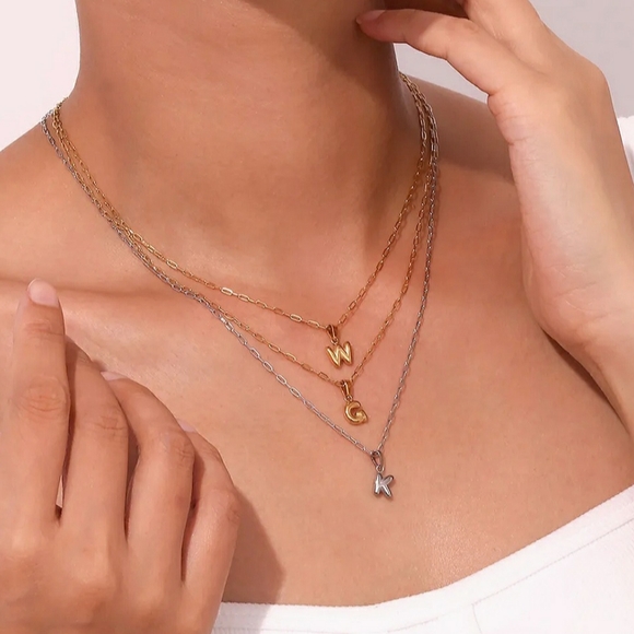 NEW Gold Mini Bubble Letter M Pendant on Dainty Paperclip Chain Necklace - Picture 5 of 7